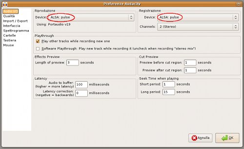 Il pannello di audacity con PulseAudio su Ubuntu 8.10
