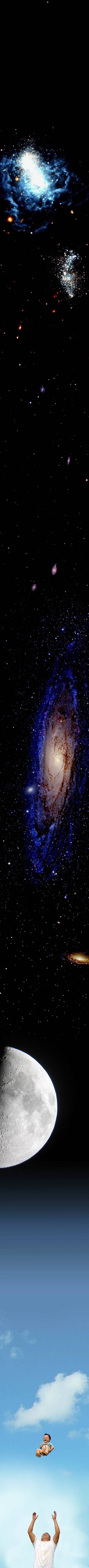 Scorrete, scorrete, scorrete in basso! Scroll down! Splendida immagine da scorrere verticalmente, si vede prima lo spazio, con diverse galassie e mano a mano che si scorre ci si avvicina alla terra, le stelle scemano e si vede la luna, poi il nero  del cosmo lascia spazio al blu del cielo, alle nuovole... ad un bimbo apparantemente in aria, e al suo papà che lo prende al volo.