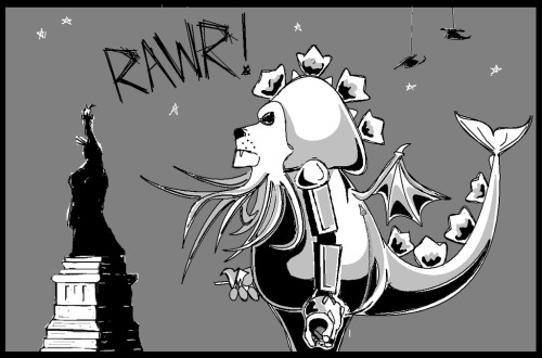Divertente vignetta: il mostro è un mix di voltron, una balena, cthulhu e godzilla